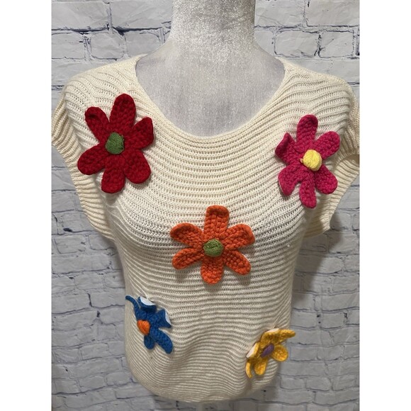 Women's Color Block Flower Short Sleeve Sweater Plullover Knit Top Medium - Picture 3 of 7